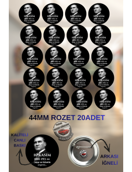 20 Adet 44mm 10 Kasım Atatürk Rozeti | Anma Günü Rozet Seti