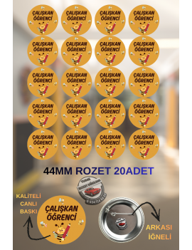 20 Adet 44mm Çalışkan Öğrenci Sarı Rozeti | Okul Ödül Rozeti