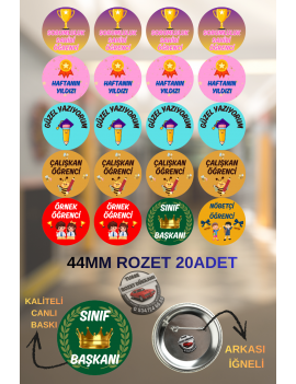 20 Adet 44mm Karışık Okul Rozeti | Öğrenci ve Etkinlik Rozet Seti