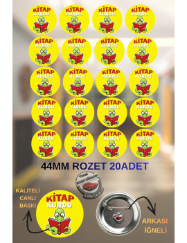 20 Adet 44mm Kitap Kurdu Rozeti | Okul ve Öğrenci Ödül Rozeti