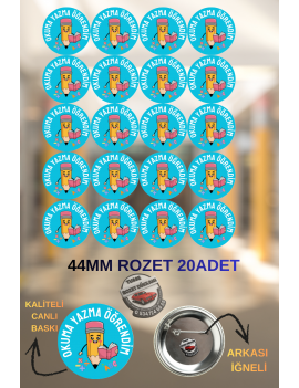 Okuma Yazma Öğrendim Rozeti 44mm | 20 Adet Öğrenci Rozeti