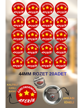 20 Adet 44mm Öğretmeninden Aferin Rozeti | Okul ve Öğrenci Ödül Rozeti