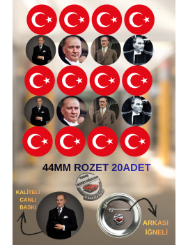 20 Adet 44mm Atatürk ve Türk Bayrağı Rozeti | Milli ve Tematik Rozet Seti