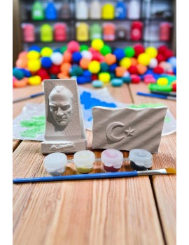 Beton Türk Bayrağı ve Atatürk Büstü Boyama Seti | 4 Renk Boya + 1 Fırça Dahil | Tek Paket Hobi Seti