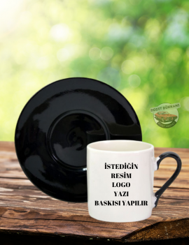 Siyah Saplı ve Siyah Tabağı Olan Kişiye Özel Kahve Fincanı | Yazı, Logo, Resim Baskılı