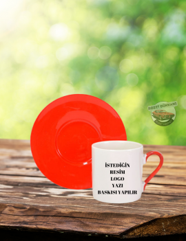 Kırmızı Saplı ve Kırmızı Tabaklı Kişiye Özel Kahve Fincanı | Yazı, Logo ve Resim Baskılı