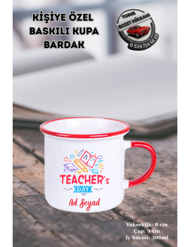 Kırmızı Kulplu Enamel Kupa – Teacher’s Day Tasarımlı | Altına İsim Yazılabilir