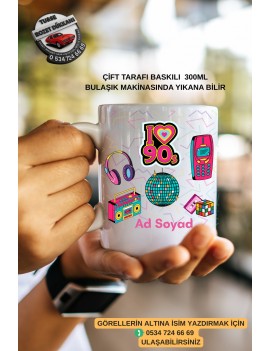 90’lar Baskılı Kupa Bardak – Nostaljik Tasarım 300 ML – Kişiye Özel İsim Yazılı Hediyelik