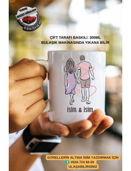 El Ele Tutuşan Çift Kupa Bardak – 300 ML Seramik – Kişiye Özel İsim Yazılı Hediyelik