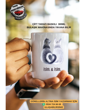 Çift Kedi Kupa Bardak – 300 ML Seramik – Kişiye Özel İsim Yazılı Hediyelik