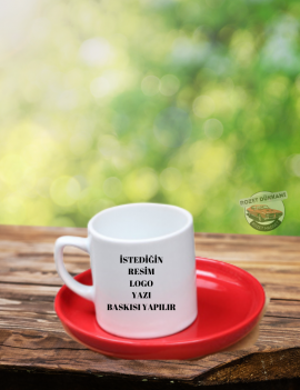 Kişiye Özel Kırmızı Sunumluklu Kahve Fincanı | İsim, Logo ve Yazı Baskılı