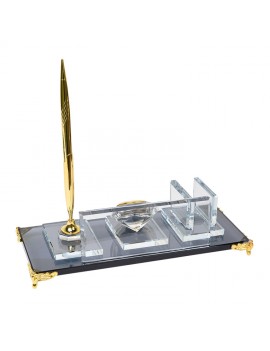 Kristal Kalemli Masa İsimlik | 10x24 cm | Altın Kalem ve Saatli