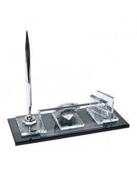 Kristal Silver Masa İsimliği | 10x24 cm | Gümüş Kalem ve Saatli