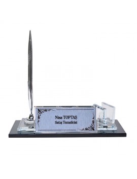 Kristal Silver Masa İsimliği | 10x24 cm | Gümüş Kalem ve Saatli