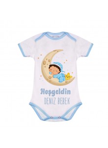 Kısa Kol Mavi Bebek Zıbın | 0–6 Ay | Kişiye Özel Baskılı