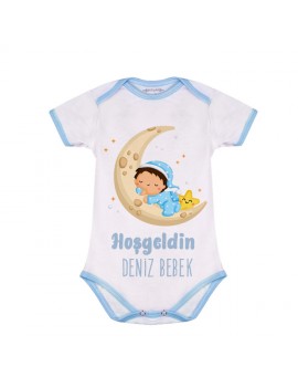Kısa Kol Mavi Bebek Zıbın | 0–6 Ay | Kişiye Özel Baskılı