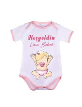 Kısa Kol Pembe Bebek Zıbın | 6–12 Ay | Kişiye Özel Baskılı
