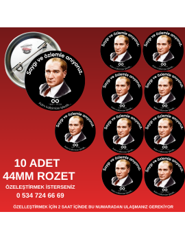 10’lu 10 Kasım Atatürk Anma Rozeti Seti – 44mm Siyah Beyaz Yaka Rozetleri – Saygı ve Minnetle