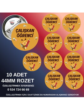 10’lu Çalışkan Öğrenci Rozeti Seti – 44mm Renkli Yaka Rozetleri – Başarı ve Motivasyon Ödülü